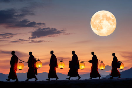 Group of buddhist monks walking at sunset carrying traditional lanterns under a full moonの素材