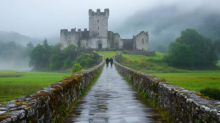 Two tourists walking on a bridge towards Kilchurn Castle, a ruined structure on a small island at the northeastern end of Loch Awe, in Argyll and Bute, Scotlandの素材