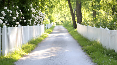 Scenic gravel road bordered by white picket fence and lush green vegetation, bathed in soft sunlightの素材