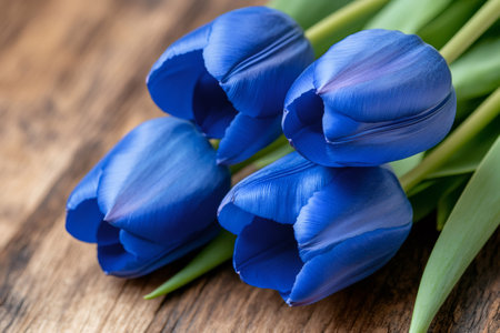 Close-up of blue tulips resting on a wooden surface, showcasing vibrant color and delicate petalsの素材