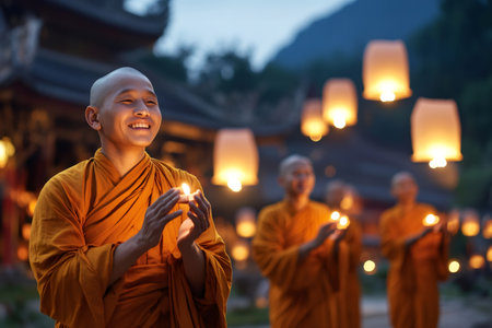 Group of buddhist monks holding candles during Loy Krathong festival in Thailand, celebrating with floating lanternsの素材