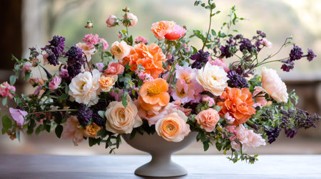 Large flower arrangement resting on a pedestal bowl decorating a wooden tableの素材