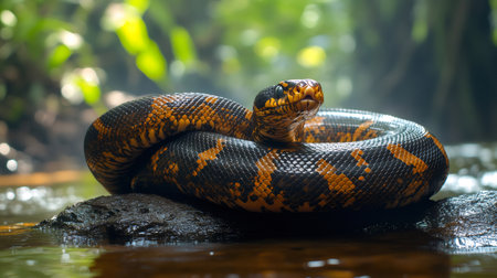 Coiled Amazon Tree Boa resting on a rock near a jungle stream, displaying its vibrant scales and alert gazeの素材