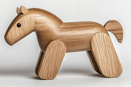 Stylish wooden horse toy standing on a white background, representing craftsmanship, design, and childhood memoriesの素材