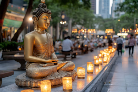 Golden Buddha statue meditating with lit candles in a blurred urban public space with peopleの素材