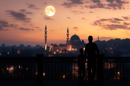 Father and son admiring Kocatepe Mosque in Ankara, Turkey, under a full moon at sunsetの素材