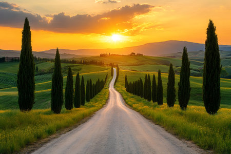 Scenic Tuscan landscape with winding road and cypress trees at sunsetの素材