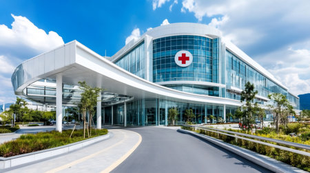 Glass facade of modern hospital building with red cross symbol showing healthcare and medical servicesの素材
