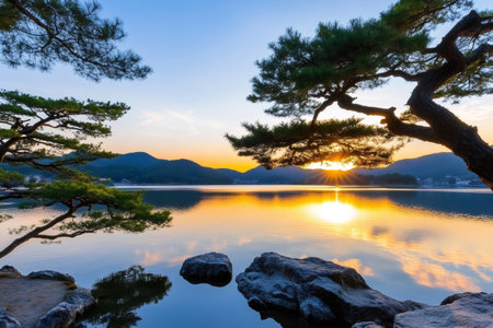 Sun setting behind mountains reflecting on calm lake framed by pine trees in beautiful natural landscapeの素材