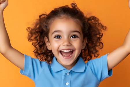 Happy child with curly hair raising arms and smiling on orange backgroundの素材