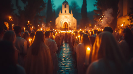 Pilgrims walking towards a church at night holding candles during a religious processionの素材