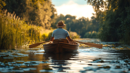Man paddling a wooden boat on a river at sunset, enjoying the peace and quiet of natureの素材