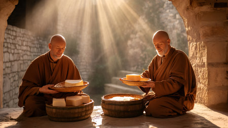 Two monks holding and checking seasoned cheese in wicker trays, with more cheese in wooden baskets, in a monastery with dramatic sunlightの素材