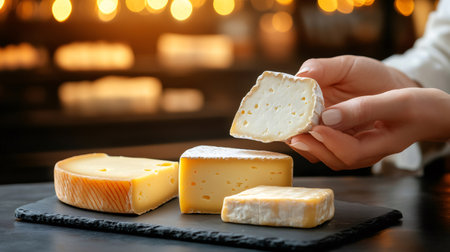Hands holding a slice of brie cheese with other cheese wedges on a slate plateの素材