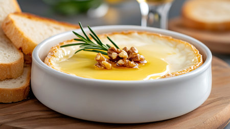 Delicious baked Camembert cheese with honey, walnuts and rosemary ready to be served with toasted breadの素材
