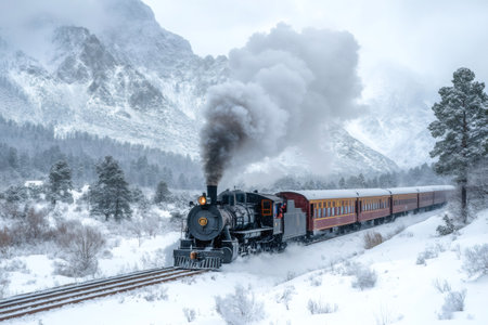 Old steam locomotive blowing smoke while running on railway through snowy forest and mountains in winterの素材