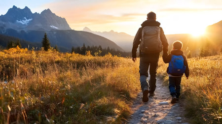 Father and son are walking on a path at sunset in a mountain landscapeの素材