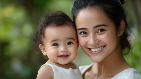 Portrait of a cheerful mother holding her adorable smiling baby in a park, enjoying a sunny day togetherの素材