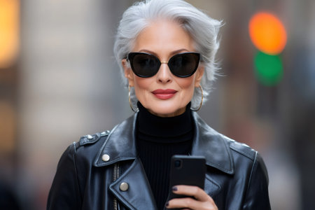Stylish older businesswoman wearing sunglasses and leather jacket using her smartphone in an urban settingの素材