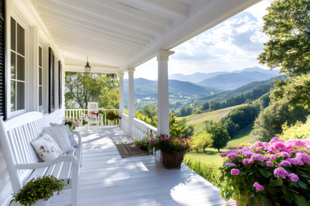 Relaxing porch of a white house with a view of a beautiful green valley on a sunny dayの素材