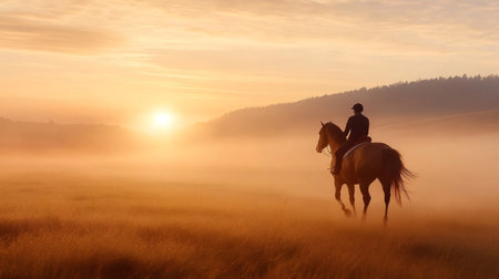 Equestrian is practicing horseback riding in a foggy field at sunriseの素材