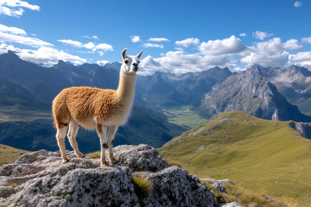 Llama standing on a rock overlooking the valley in the Italian Alps on a sunny dayの素材
