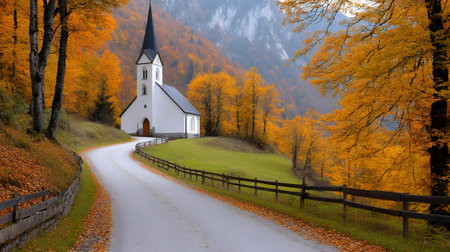 Scenic view of a picturesque white church nestled amidst vibrant autumn foliage, with a winding road leading towards itの素材