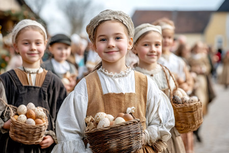 Smiling young girls dressed in peasant costumes, holding wicker baskets filled with eggs, participating in a historical reenactmentの素材