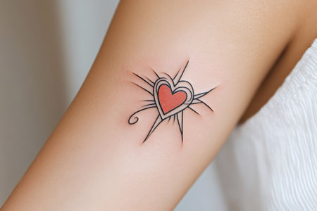 Close-up of a small red heart tattoo with black lines exploding from it on a woman's armの素材