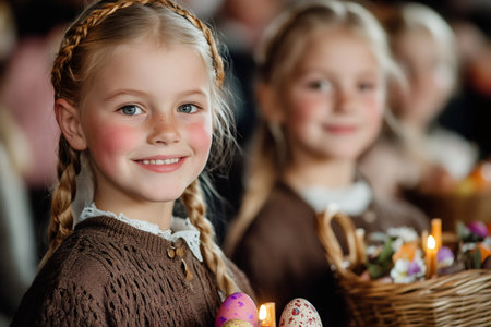 Two girls celebrating easter, one holding easter eggs and smiling and the other holding a basket with flowers and candlesの素材
