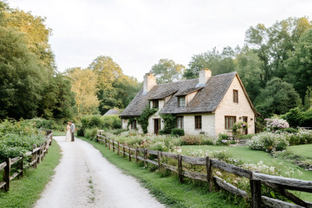 Newlyweds hugging in the driveway of their idyllic country house surrounded by lush green vegetation and a wooden fenceの素材