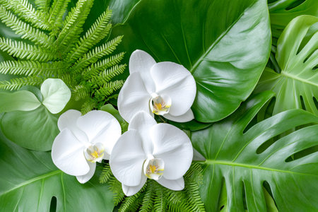 White orchids and ferns create a stunning contrast against lush green tropical foliageの素材