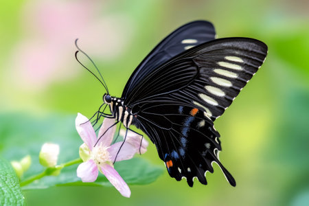 Close-up of a black butterfly with white stripes feeding on a pink flower with a blurred green backgroundの素材