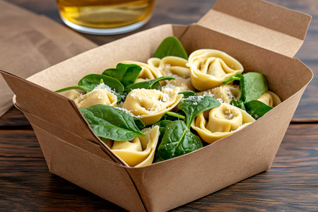 Tortellini with spinach and parmesan cheese served in a cardboard box for deliveryの素材