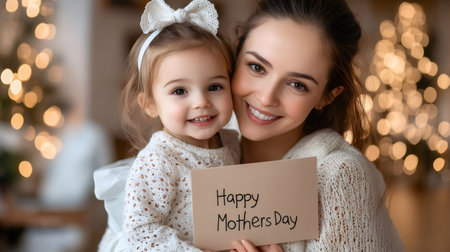 Mother and daughter smiling and showing happy mothers day card with christmas lights in backgroundの素材