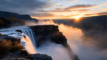 Scenic view of a waterfall cascading into a misty canyon at sunrise, creating a breathtaking natural landscapeの素材