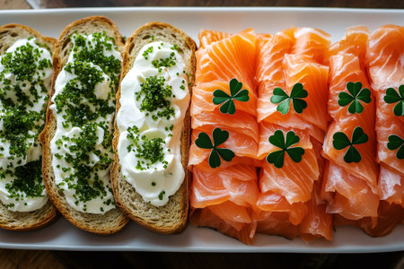 Smoked salmon decorated with shamrocks with cream cheese and green caviar are lying on a white tray, celebrating Saint Patrick's Dayの素材