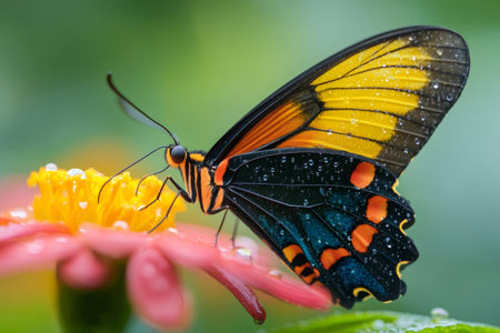 Close-up of a colorful butterfly with water drops on its wings, feeding on a pink flower with a yellow centerの素材