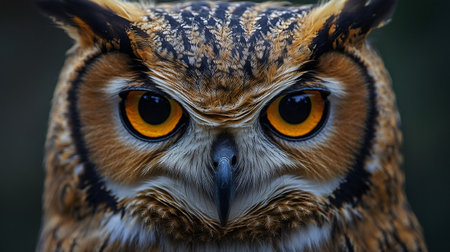 Close-up of an owl showcasing its intense stare, vibrant orange eyes, and intricate feather patternsの素材