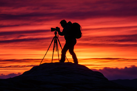 Silhouette of a photographer taking pictures on top of a rock at sunset with a tripod and backpackの素材