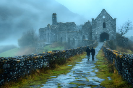 Two tourists walking on a path towards a mysterious, foggy, ruined abbey in Irelandの素材