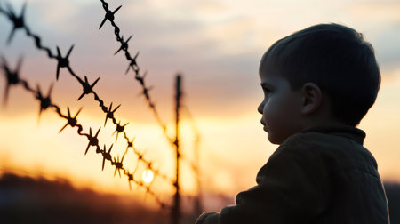 Silhouette of pensive child looking at sunset beyond barbed wire fence, concept of war, immigration and human rightsの素材