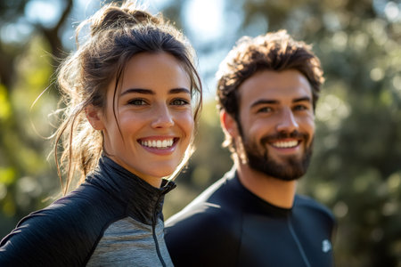 Two happy athletes smiling in sportswear outdoorsの素材