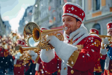 Musician with a traditional swiss costume playing trumpet during a winter parade with confetti fallingの素材