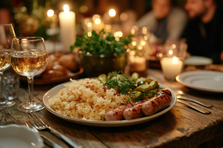 Delicious sausages, sauerkraut and pickles served on a plate on a wooden table with glasses of white wine and candles, perfect festive dinnerの素材