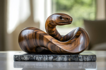 Polished wooden snake sculpture resting on a granite base, representing elegance and craftsmanshipの素材