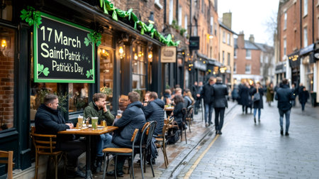 Tourists enjoying Saint Patrick's Day festivities at an outdoor pub in York, UKの素材