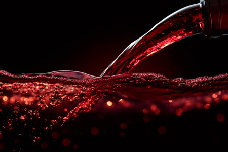 Red wine forms a wave with bubbles as it's pouring from a bottle on a black backgroundの素材