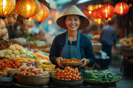 Smiling Vietnamese woman wearing traditional conical hat holding a bowl of fresh food, selling vegetables at night market in Hoi An, Vietnamの素材