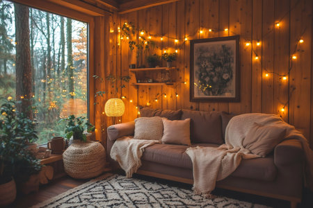 Warm and inviting atmosphere in a cozy living room with string lights, plants, and comfortable furnitureの素材